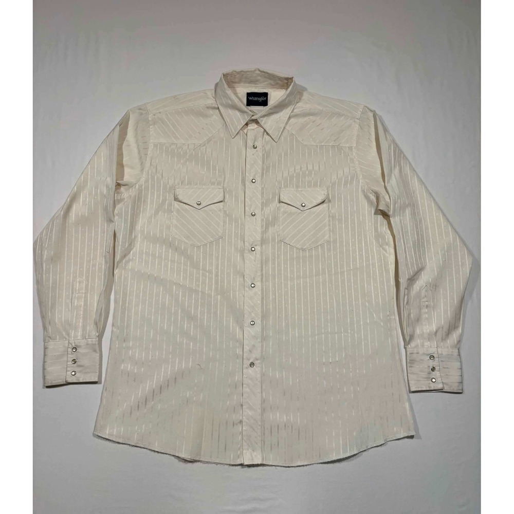 Wrangler Mens Western Pearl Snap Shirt Off White Striped Dobby Long Sleeve XL‎